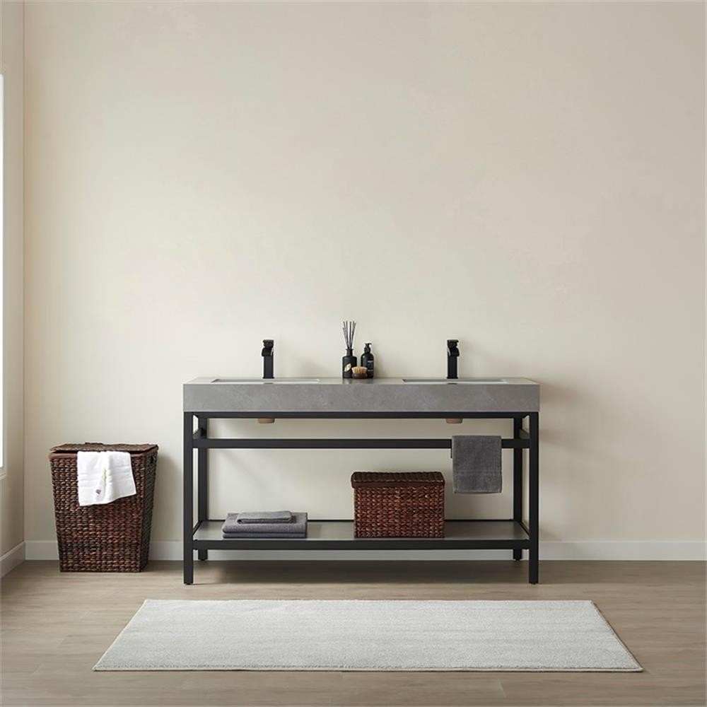 Pemberly Row Double Sink Bathroom Vanity – Matte Black Frame Gray Top