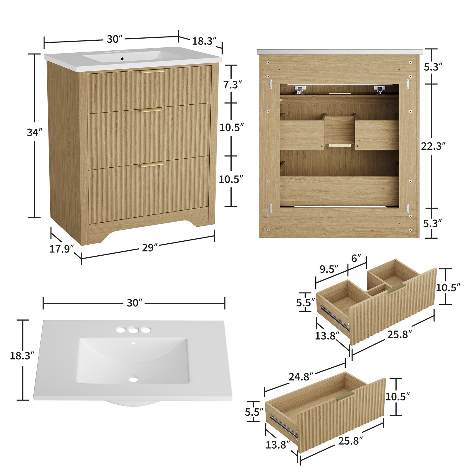 30″ Fluted Bathroom Vanity w/Sink, Freestanding Bathroom Sink Cabinet w/Drawers