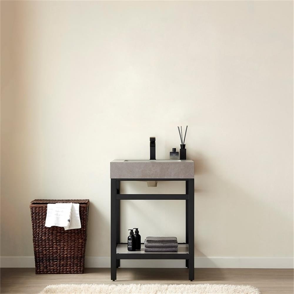 Funes 24″ Single Sink Bathroom Vanity in Matte Black Frame Gray Top No Mirror