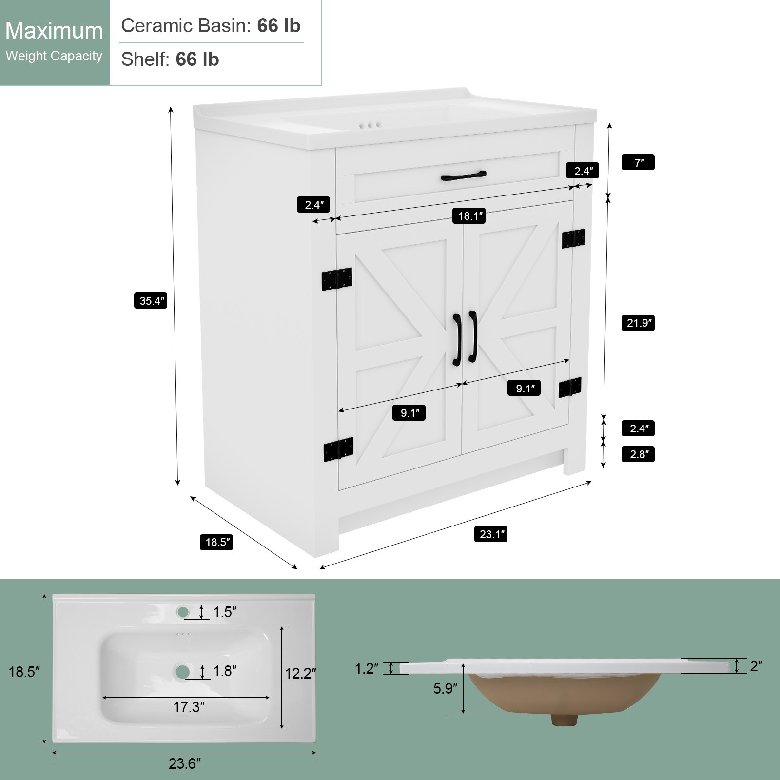 23″ Freestanding Bathroom Vanity Laundry Cabinet w/ Ceramic Sink Combo, White