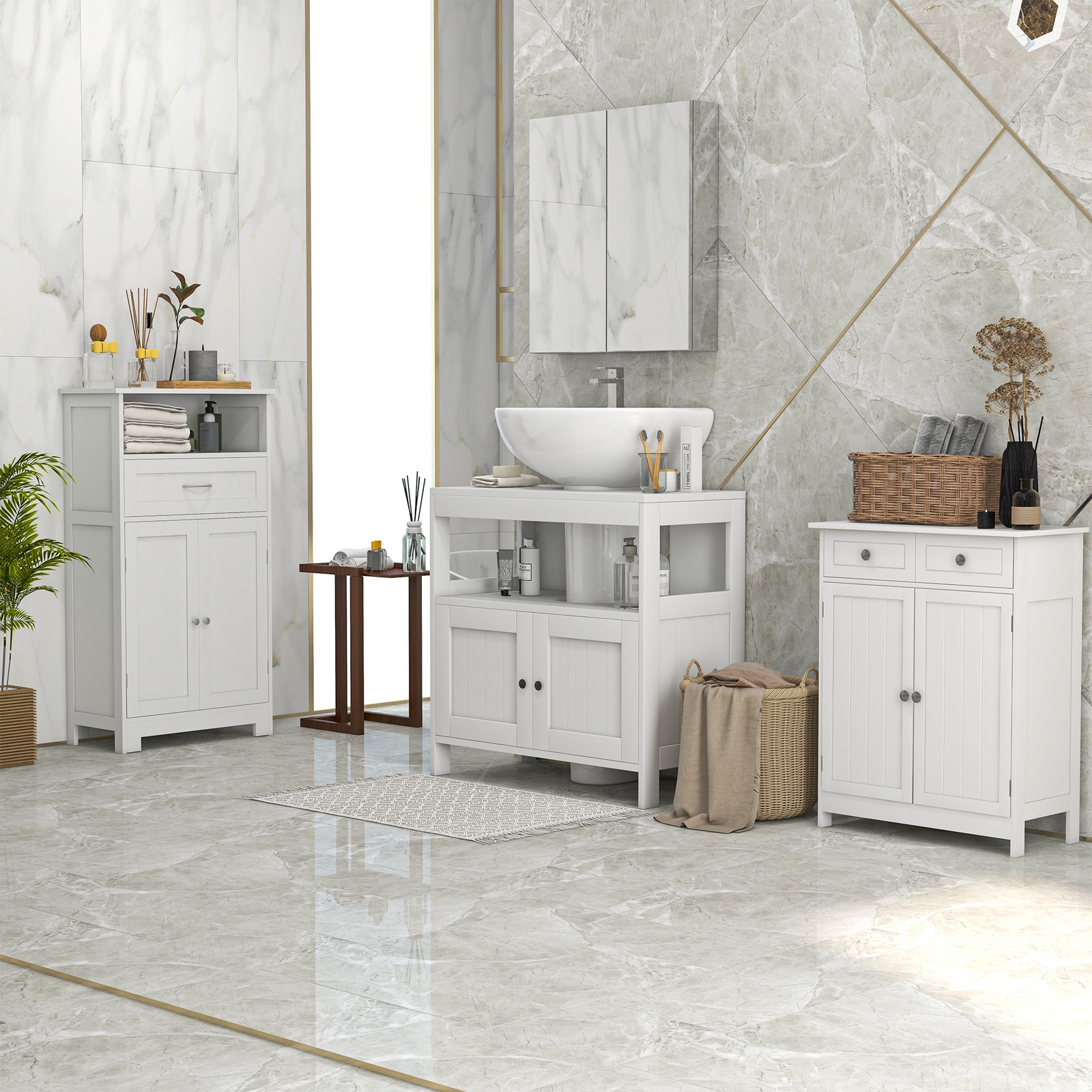 Pedestal Under Sink Cabinet w/ Doors, Storage Organizer, White, Used