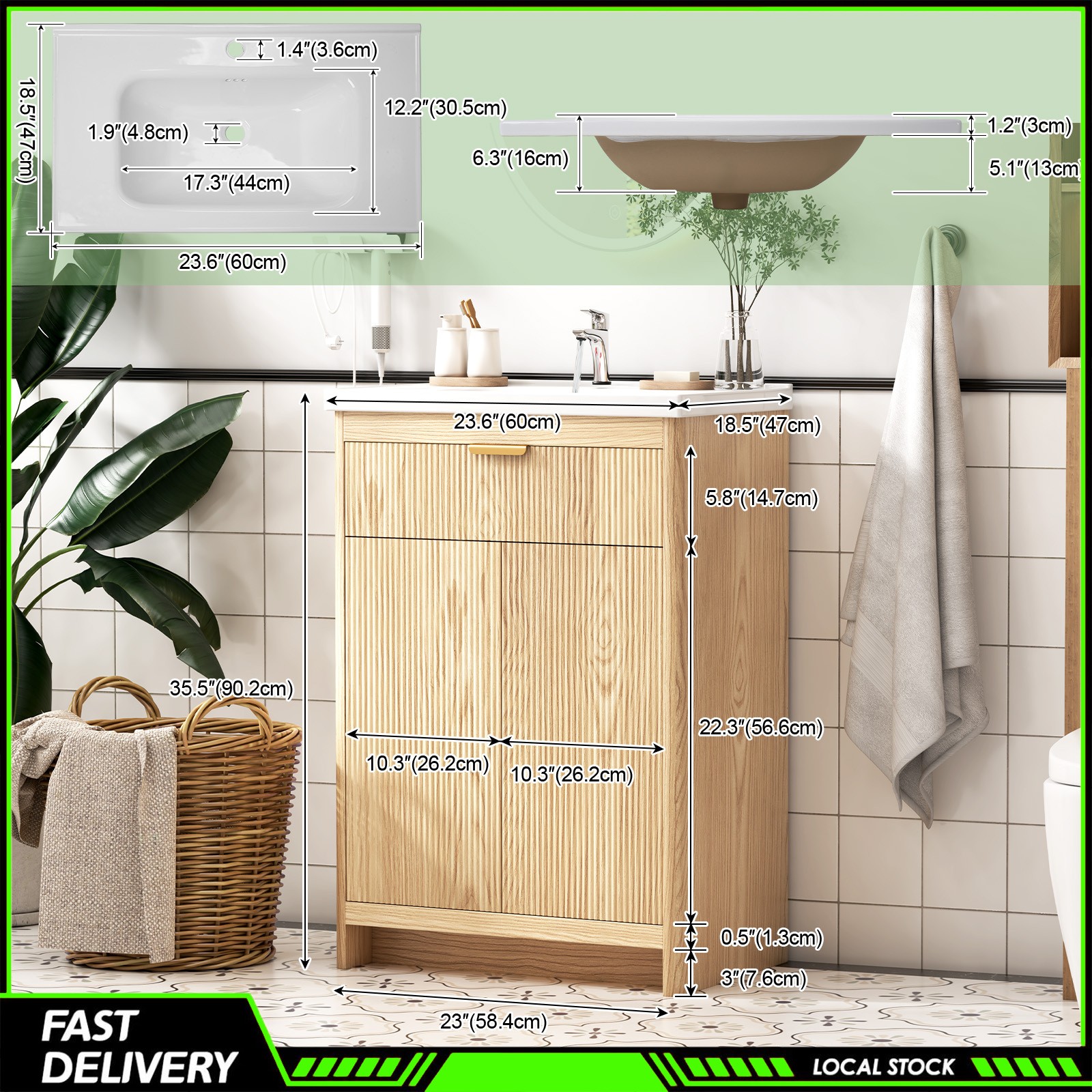 23.6 Inch Bathroom Vanity Wooden Freestanding Cabinet Ceramic Sink for Bathroom