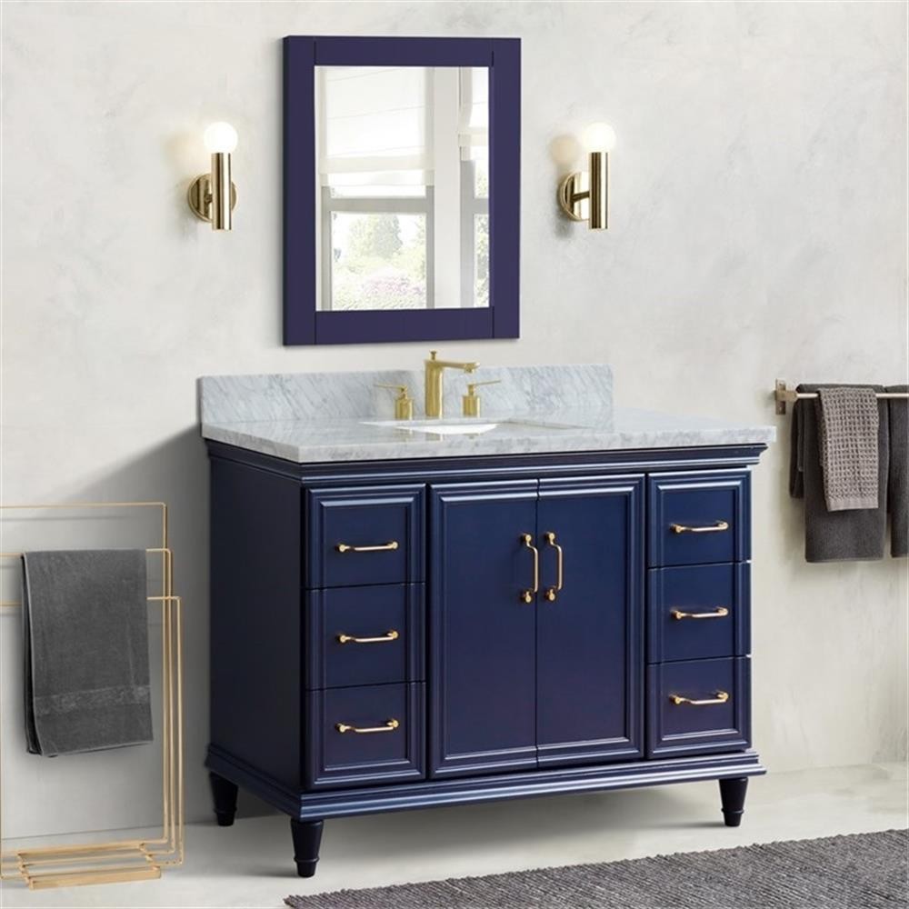 49 in. Single Wooden Vanity Blue with White Carrara Marble Rectangle Sink