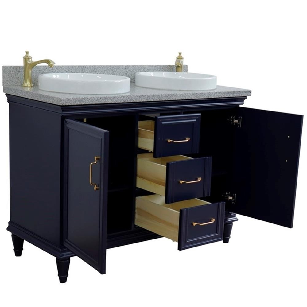 49 in. Double Wooden Vanity Blue with Gray Granite Round Sink