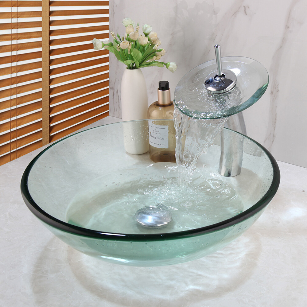Bathroom Clear Vessel Sink Faucet Basin Vanity Bowl Glass Combo Round Tempered