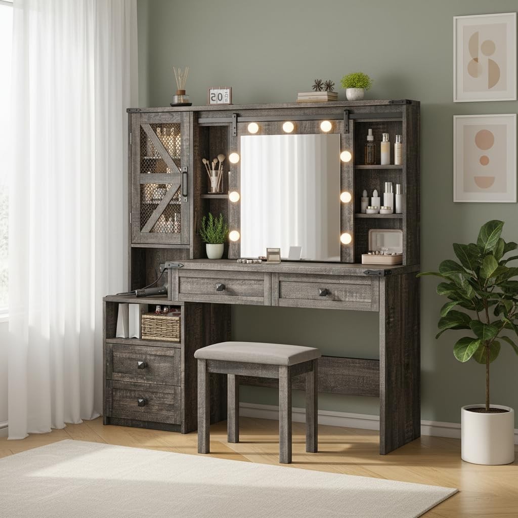 48W Vanity Sliding Mirror Lights 4-Drawer 2-Cabinet 3-Color Lighting Rustic Oak