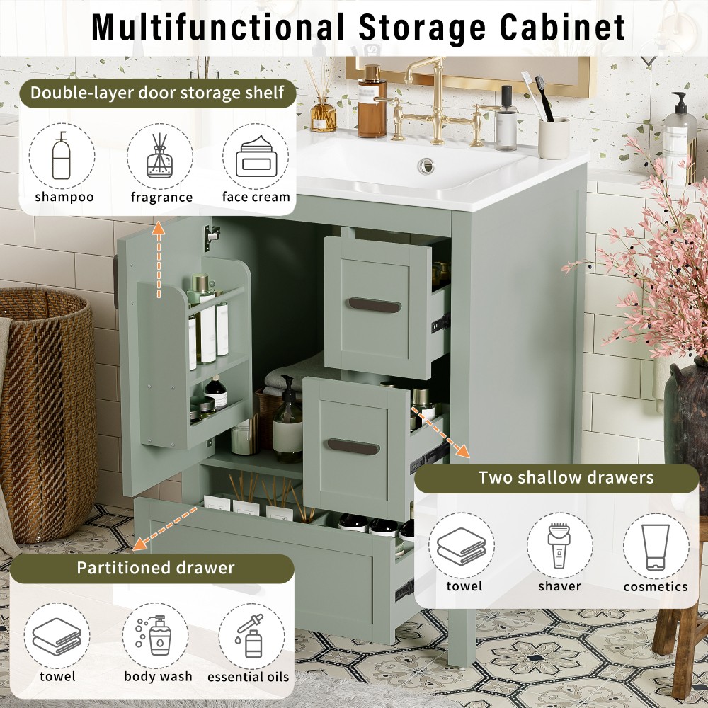 Bathroom vanity with sink Features double-door cabinet Includes three drawers