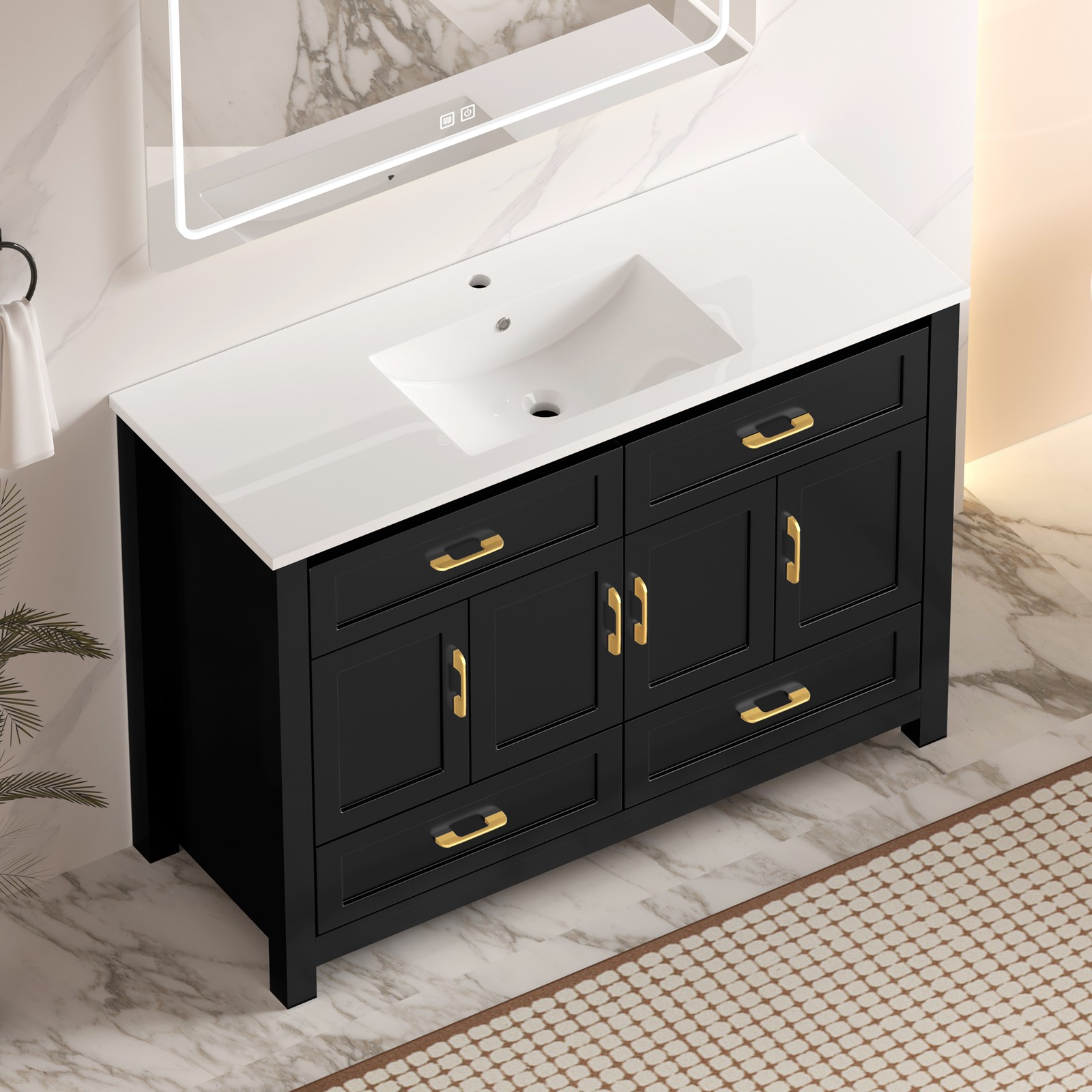 48 Inch Black Bathroom Vanity with Resin Sink Combo, Storage Cabinet