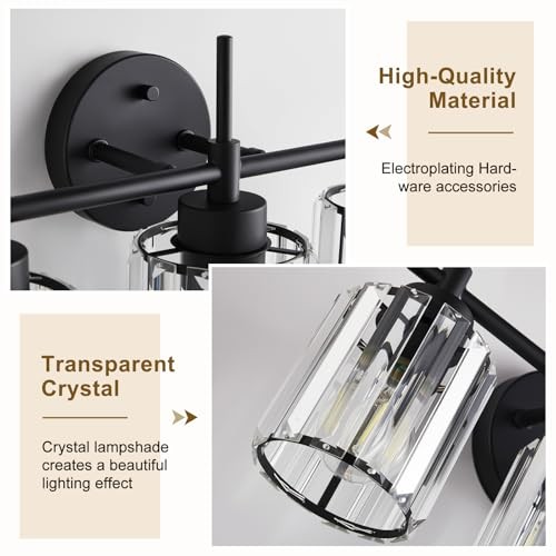 3 Light Black Crystal Vanity Light, Modern Bathroom Vanity Light Over Mirror, Up