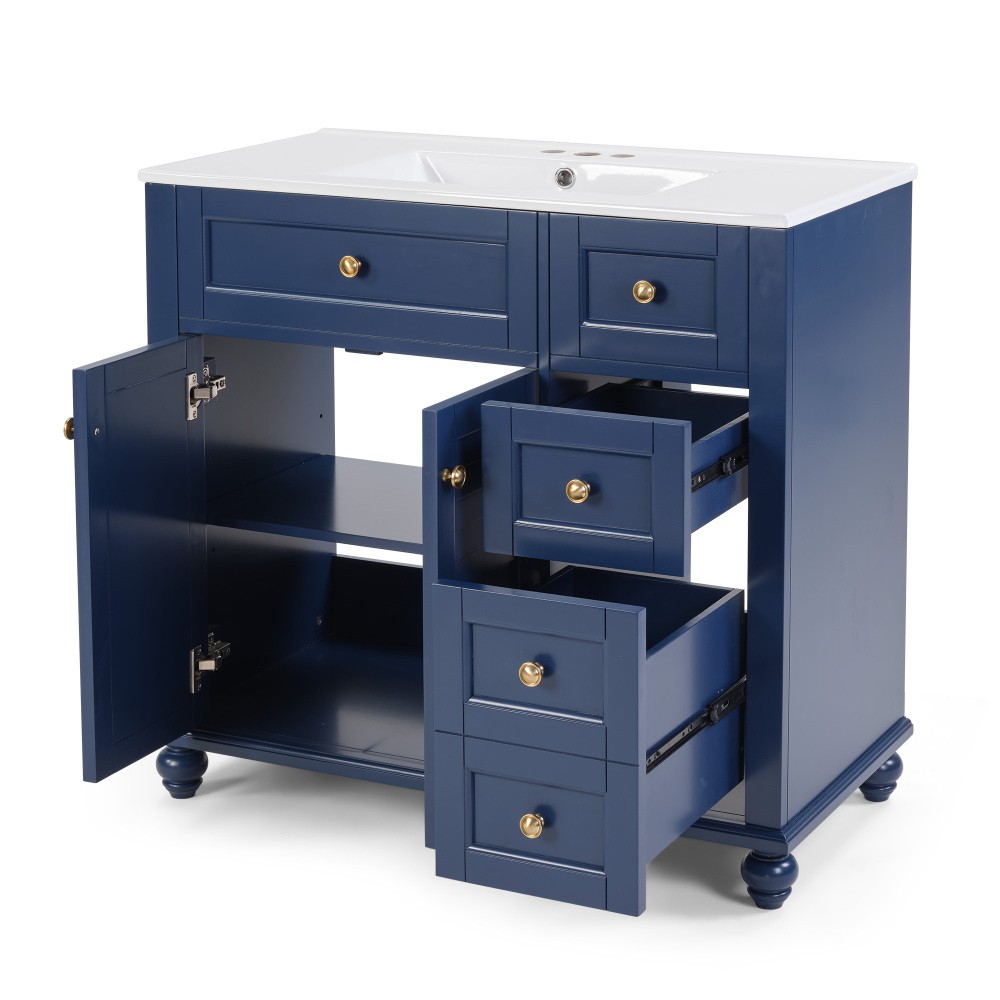 36″ Blue Bathroom Vanity with Ceramic Sink, Soft-Close Drawers, Solid Wood Frame