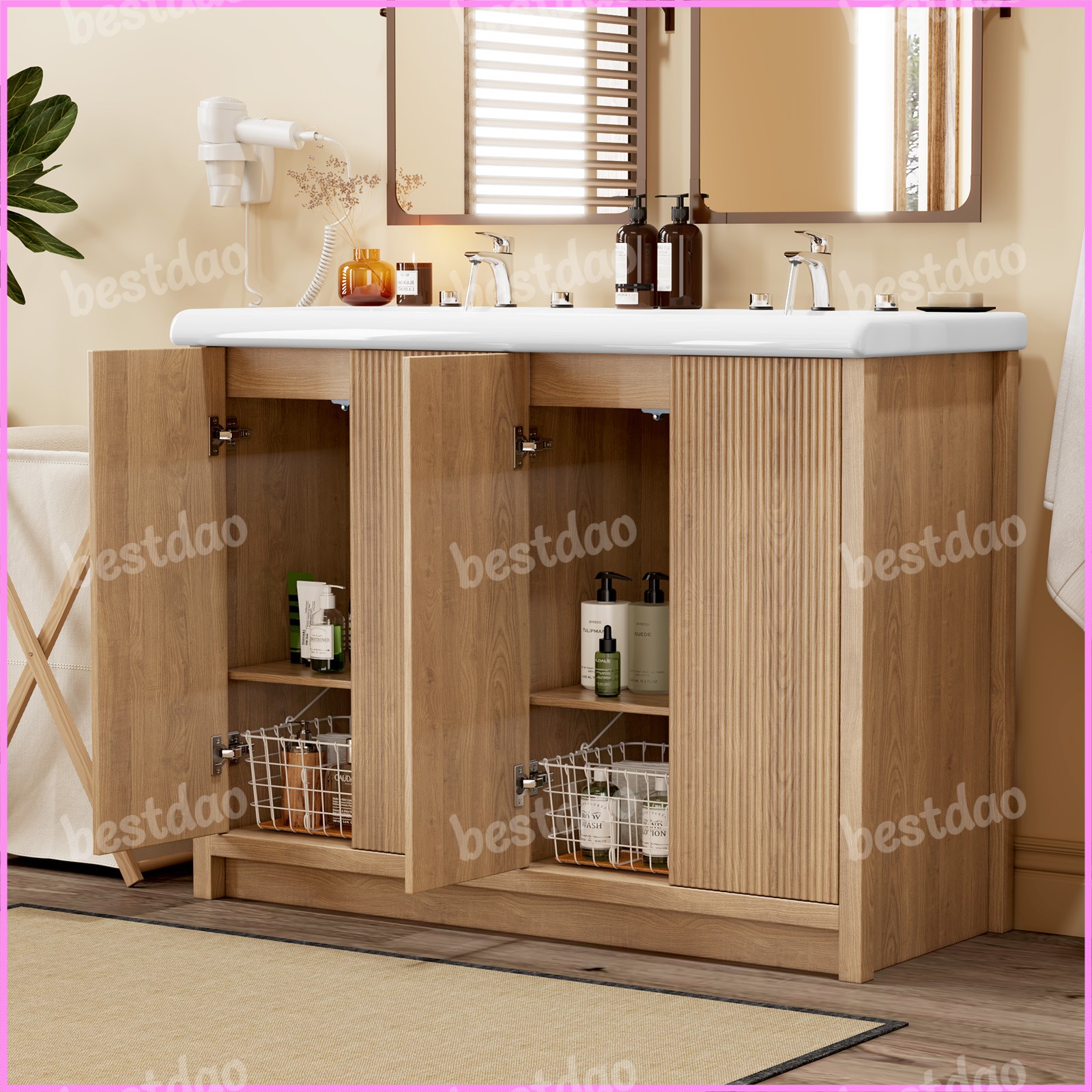 47″ Double Sink Bathroom Vanity Wood Grain Modern 2 Basin Storage Cabinet