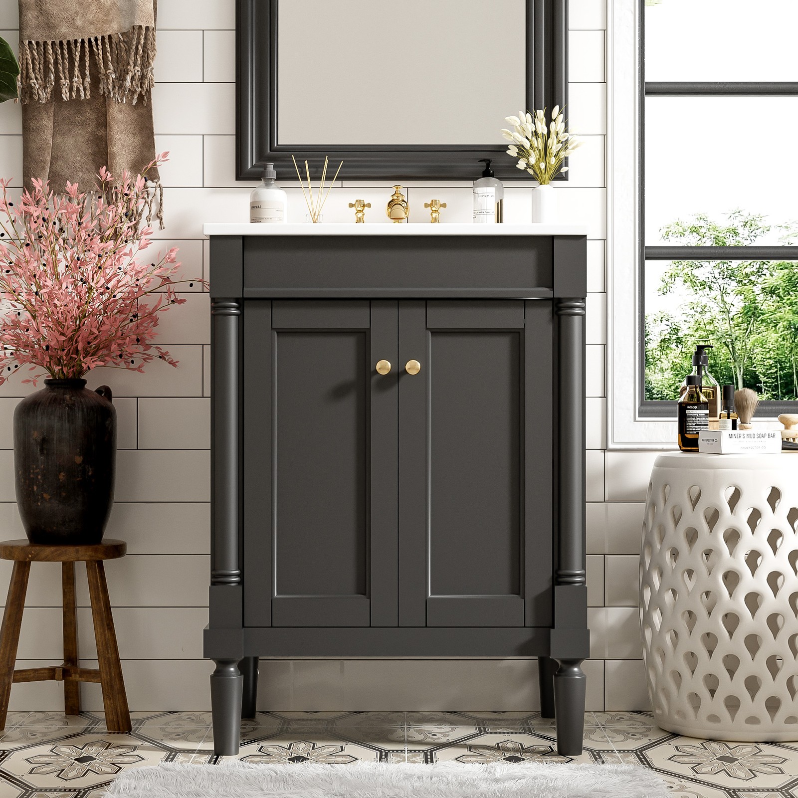 24″ Bathroom Vanity with Sink, Modern 2-Tier Storage Cabinet, Black