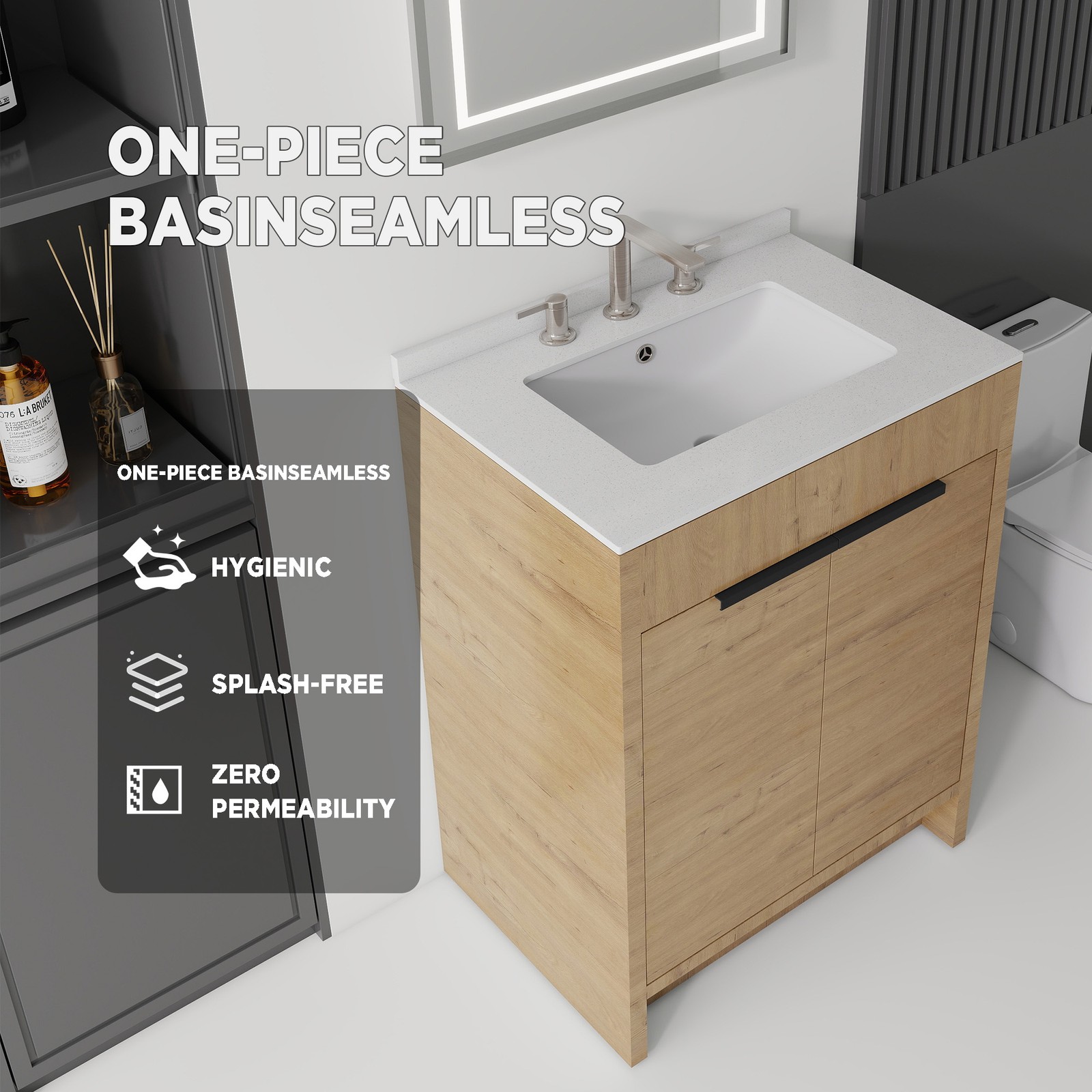 24″ Freestanding Bathroom Vanity with Sink, Soft-Close Door, White Marble Top