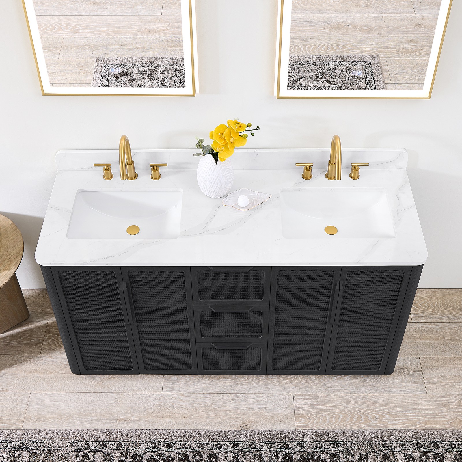 Busan 60M” Double Bath Vanity in Oak Classic Black with White Quartz Stone Top