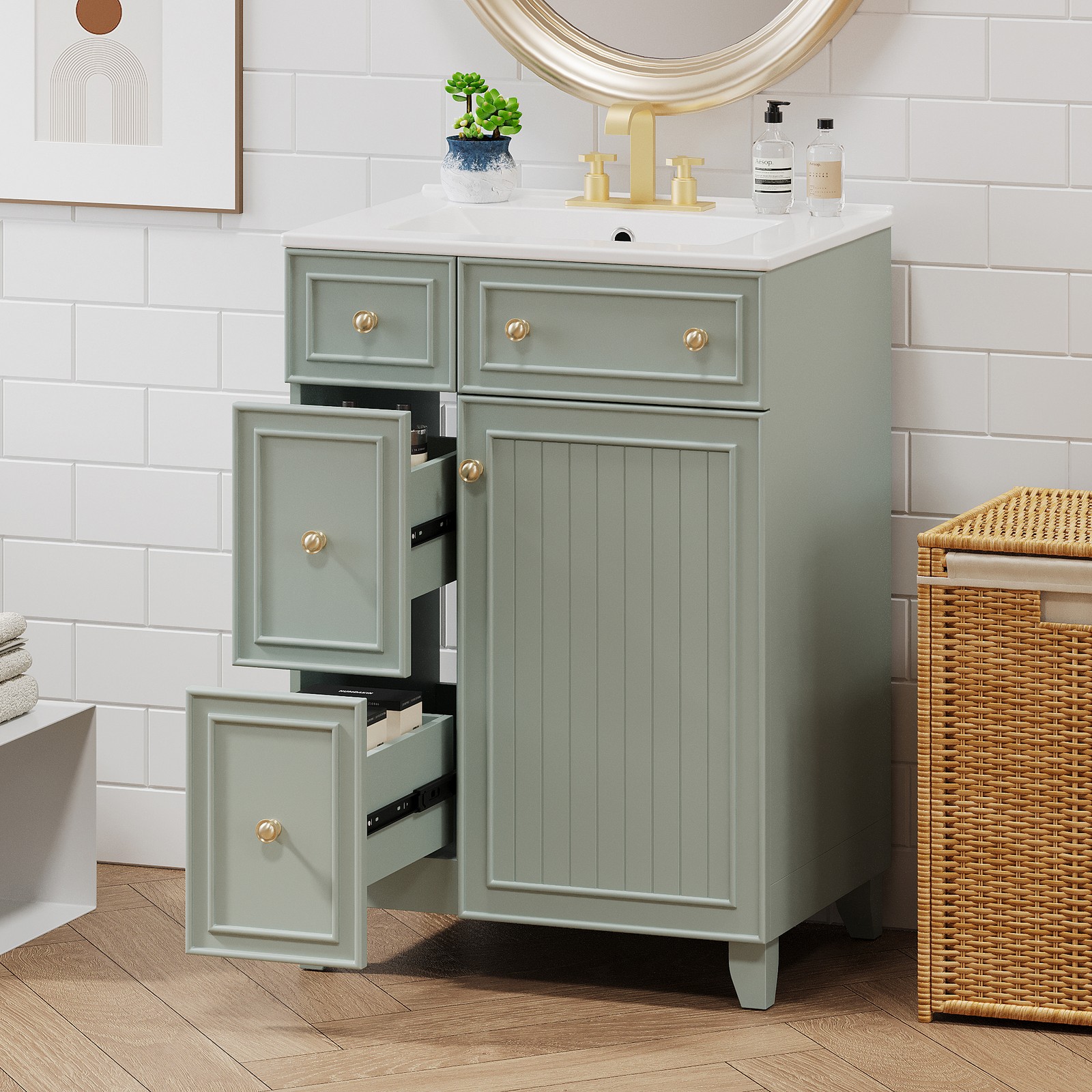 24″ Bathroom Vanity Cabinet with Ceramic Sink, 2 Drawers, 1 Door