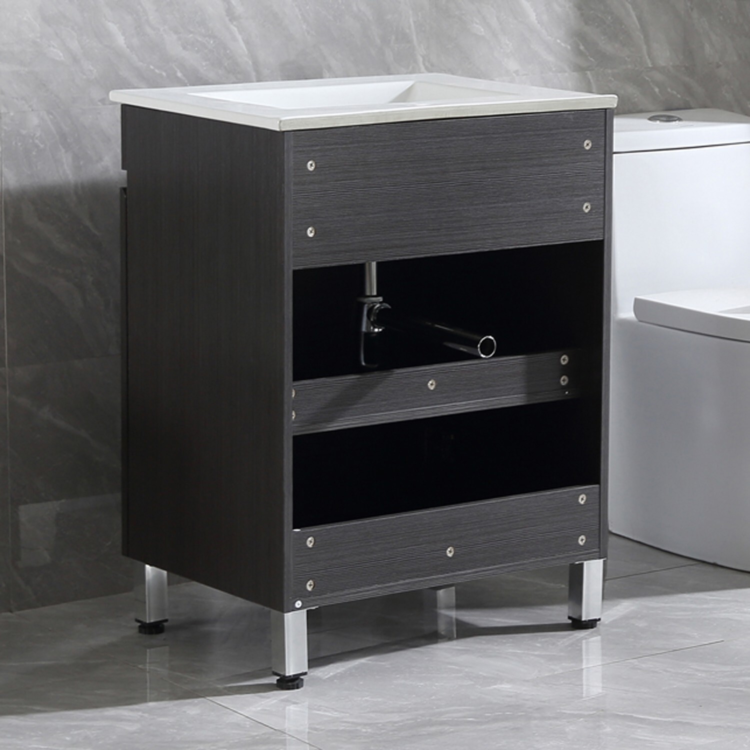 24 inch Single Bathroom Vanity Wood Grain Cabinet Ceramic Sink Faucet Combo Set