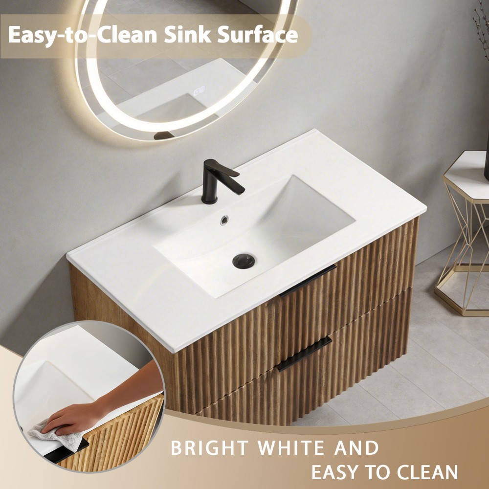 35.04 in Modern Golden Oak Floating Vanity with Ceramic Sink