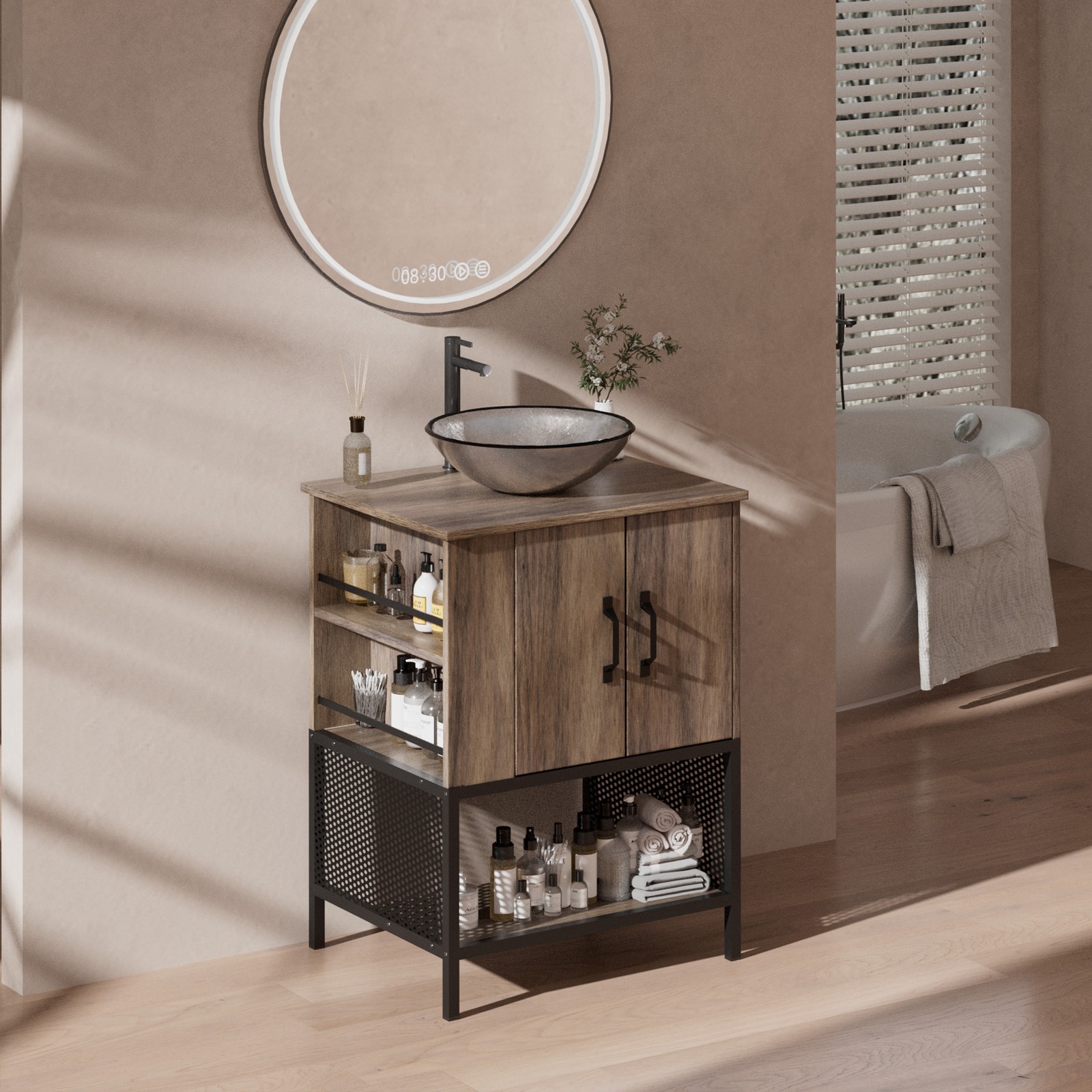 24″ Bathroom Vanity Set Storage Cabinet with Vessel Sink & Open Shelf Cabinet