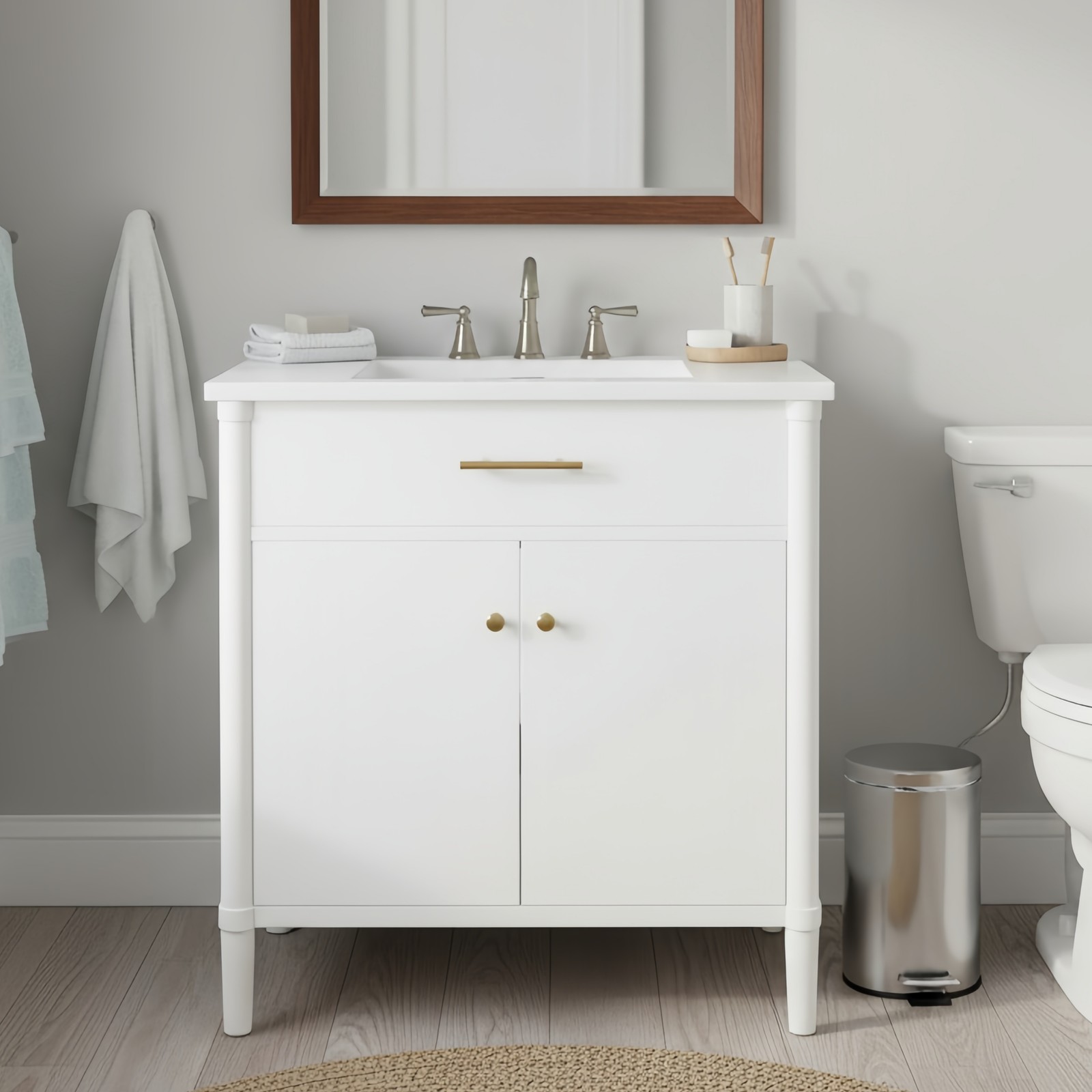 30″ Bathroom Vanity with Sink, Bathroom Cabinet with Soft Close Doors White