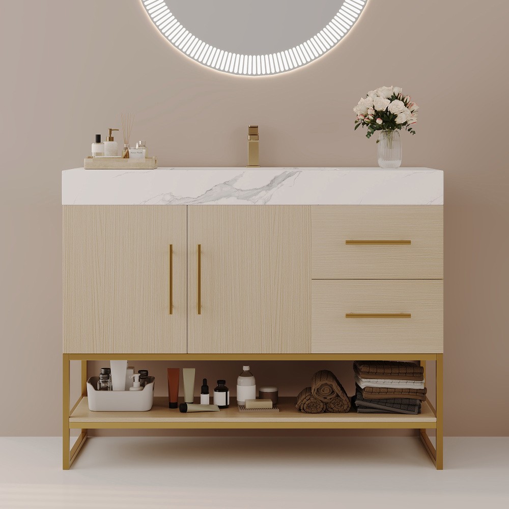 36″ Free-Standing Bathroom Vanity w/Seamless Ceramic Sink & Sintered Stone Top
