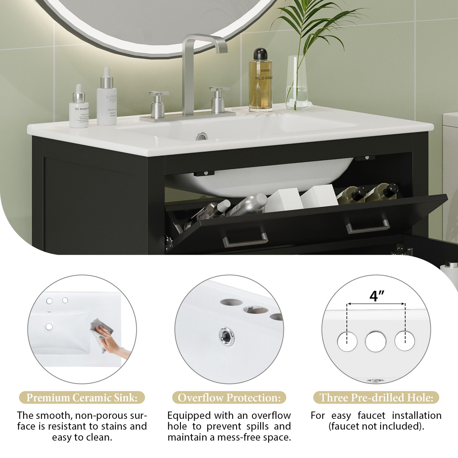 30″ Bathroom Vanity with Ceramic Sink, Modern Black Single Bathroom Cabinet