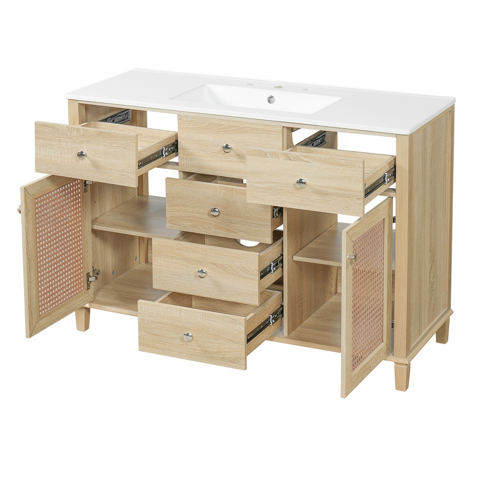 Natural Rattan Bathroom Vanity 48″/2 Cabinets/Sink & Solid Wood Frame Fre Ship