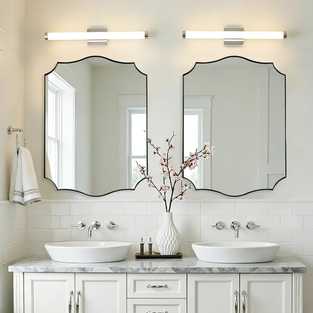 Brushed Nickel Scalloped Bathroom Mirror 24×32″ – Vintage Wavy Edge Design