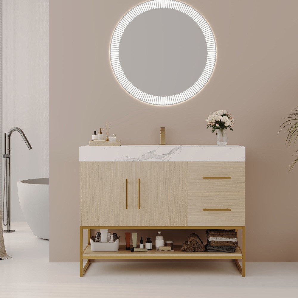 36″ Free-Standing Bathroom Vanity w/Seamless Ceramic Sink & Sintered Stone Top