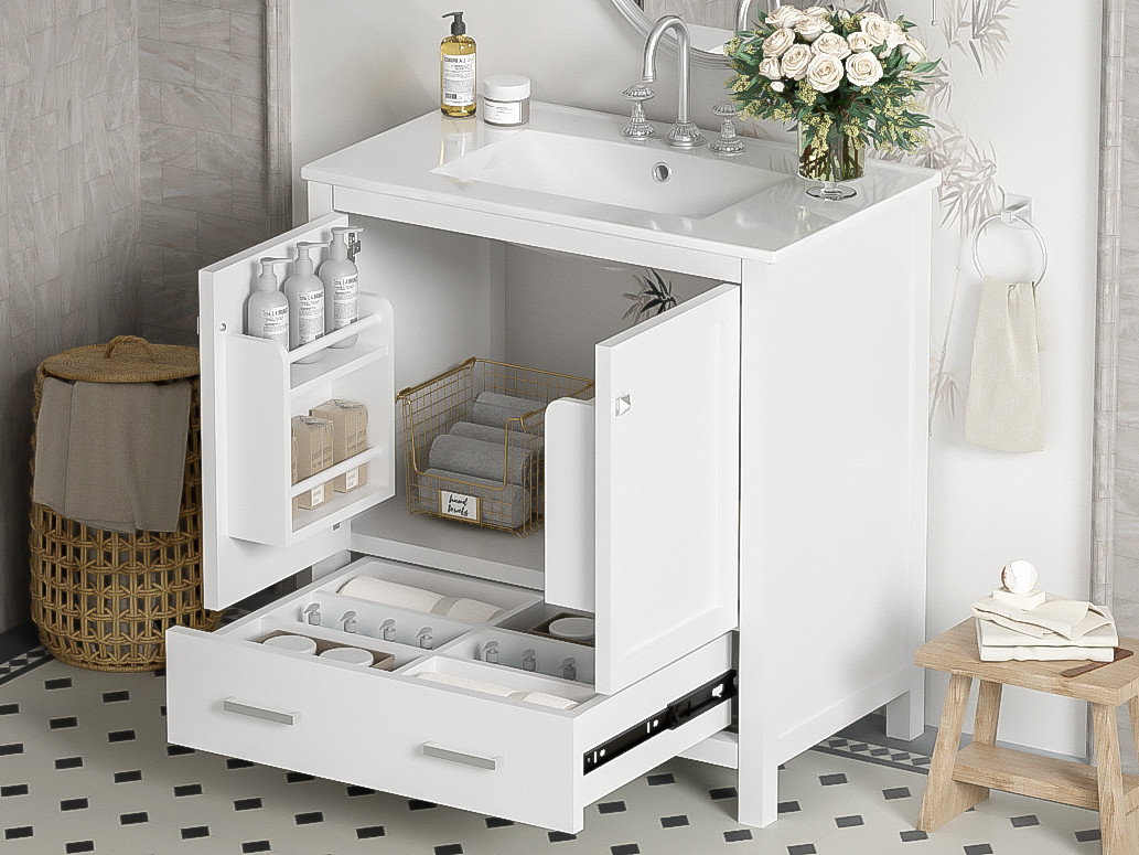 30″ White Bathroom Vanity with Single Sink & Soft Close Doors