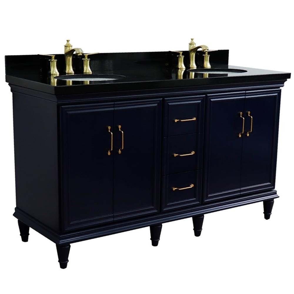 61 in. Double Wooden Vanity Blue Black Galaxy Granite Oval Sink