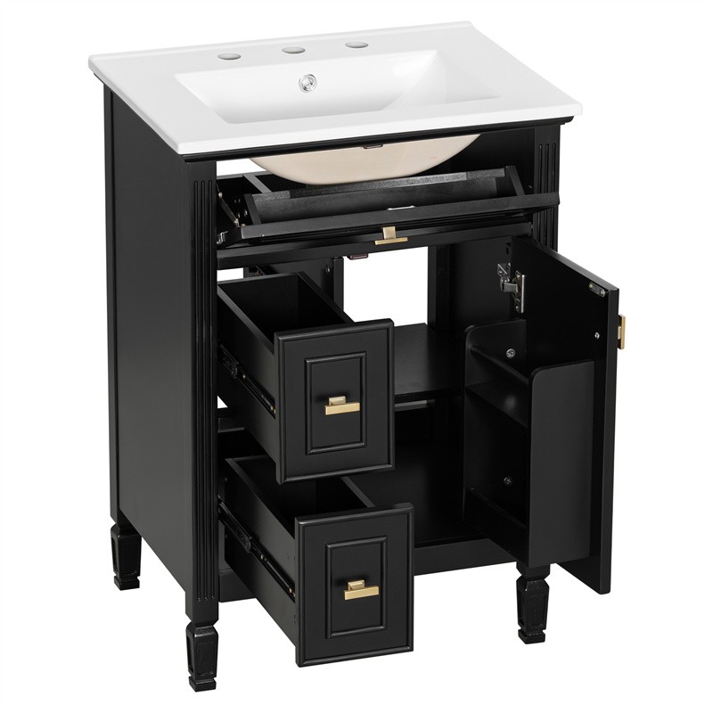 24-In Modern Bathroom Vanity with Ceramic Sink,Black Wood Cabinet with 3 Drawers