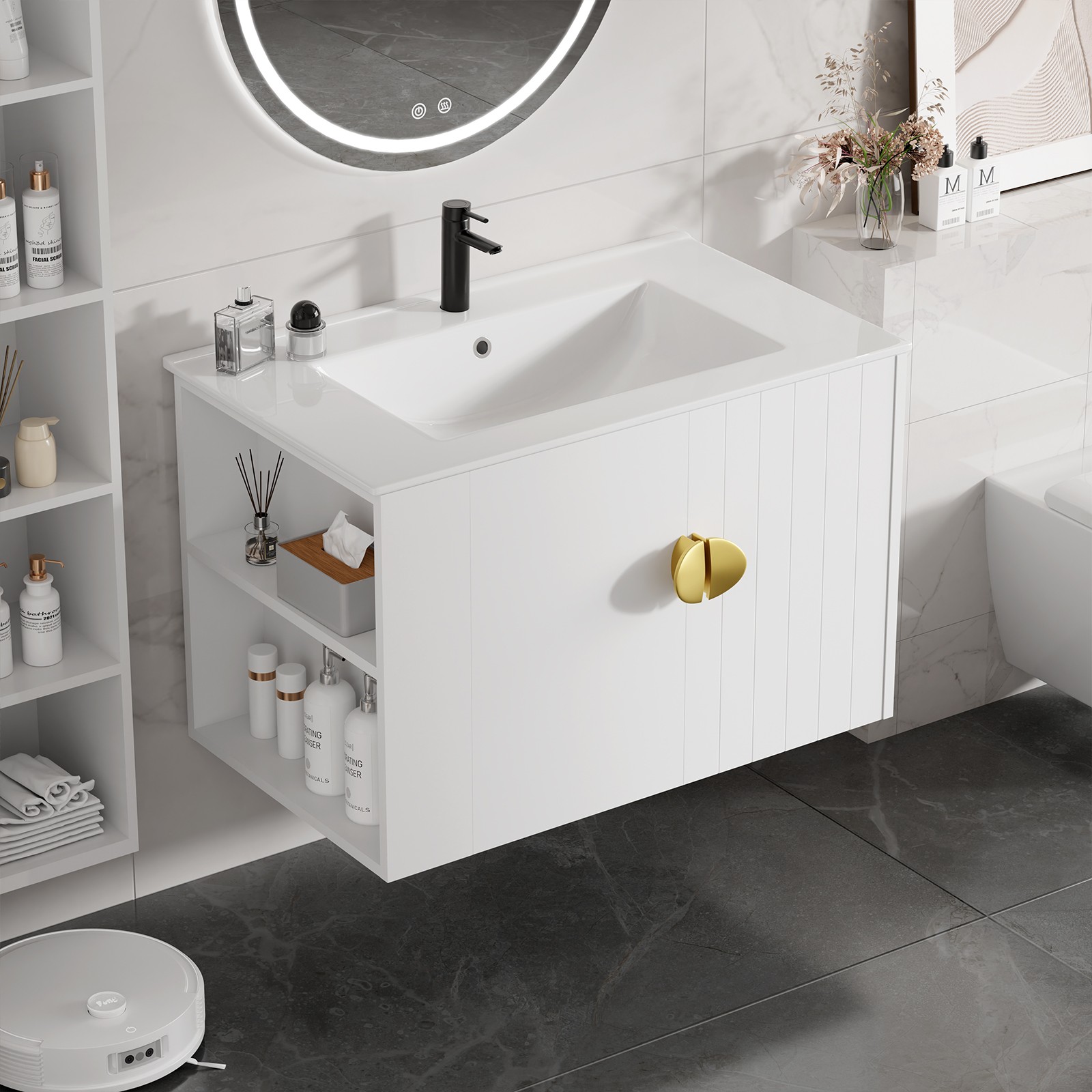 30″ White Bathroom Vanity Wall Mounted Cabinet with Ceramic Sink No Faucet