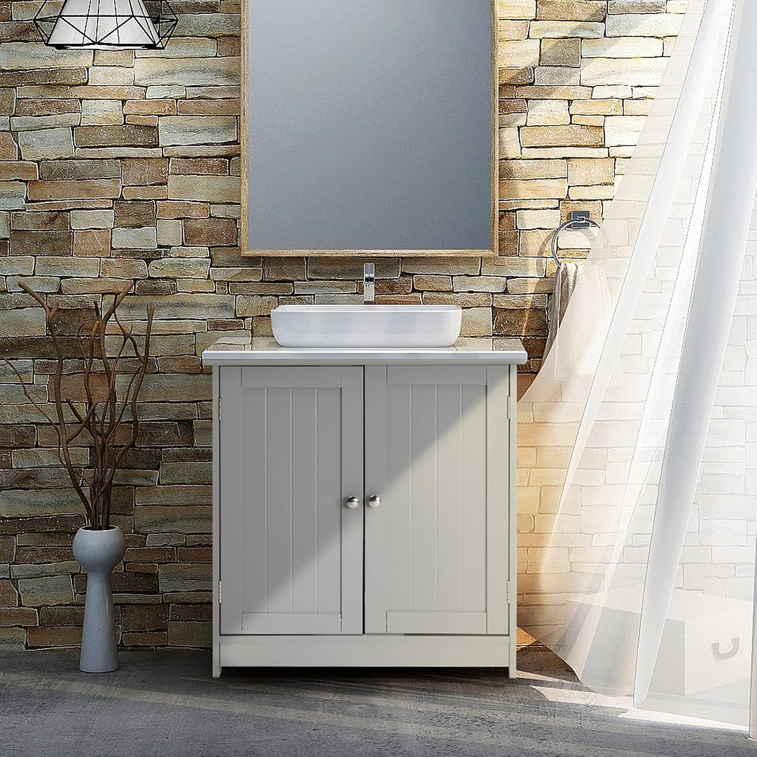 Durable Freestanding Under Sink Cabinet with Adjustable Shelf – Grey Finish