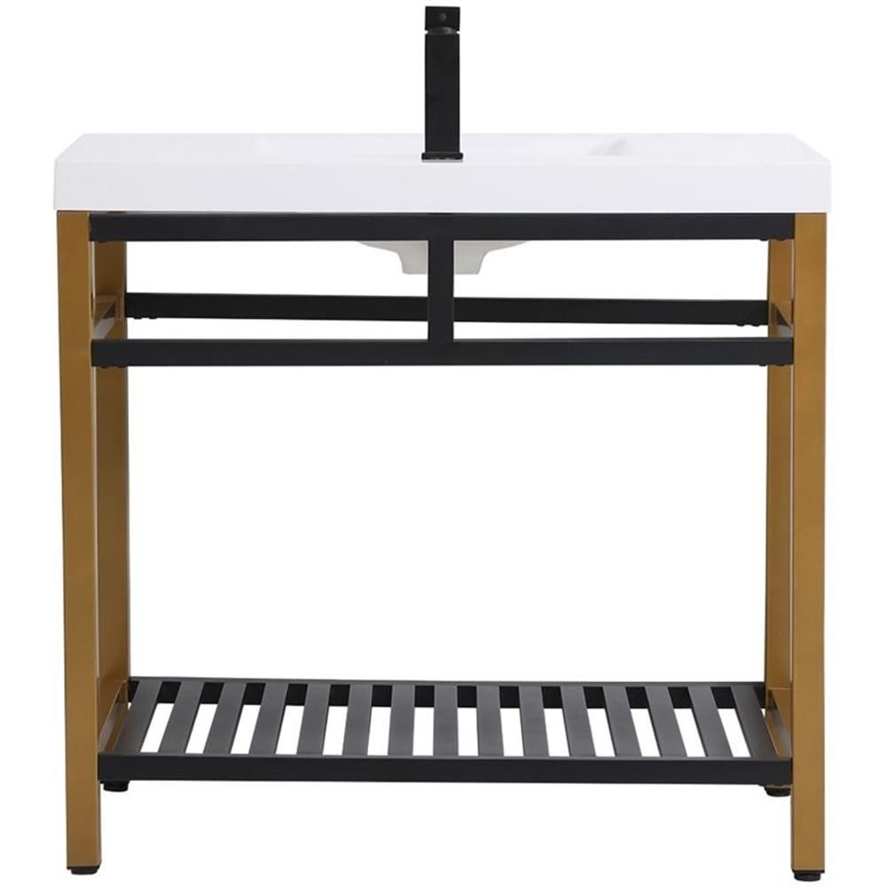 Pemberly Row 36″ Single Resin Top Metal Bathroom Vanity in Gold and Black