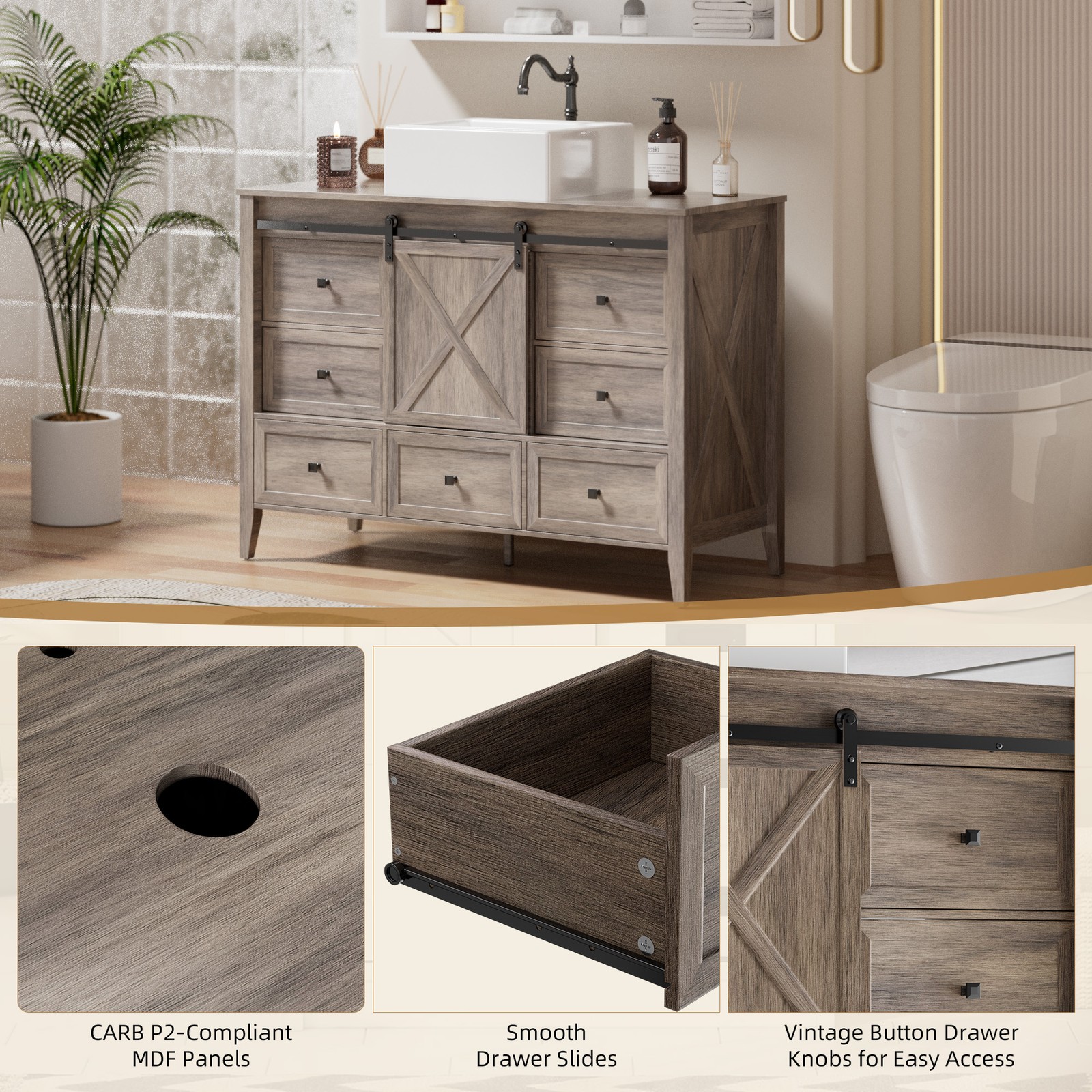 48″ Bathroom Vanity Bathroom Storage Cabinet with Ceramic Sink Farmhouse Wood