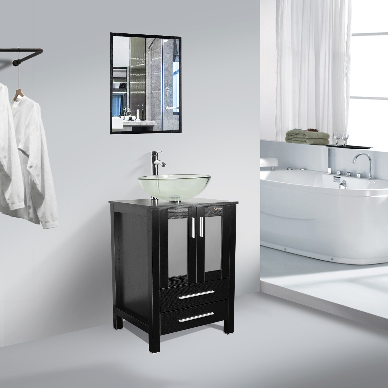 24″ Bathroom Vanity Set Tempered Glass Vessel Sink Faucet Drain Combo No Mirror
