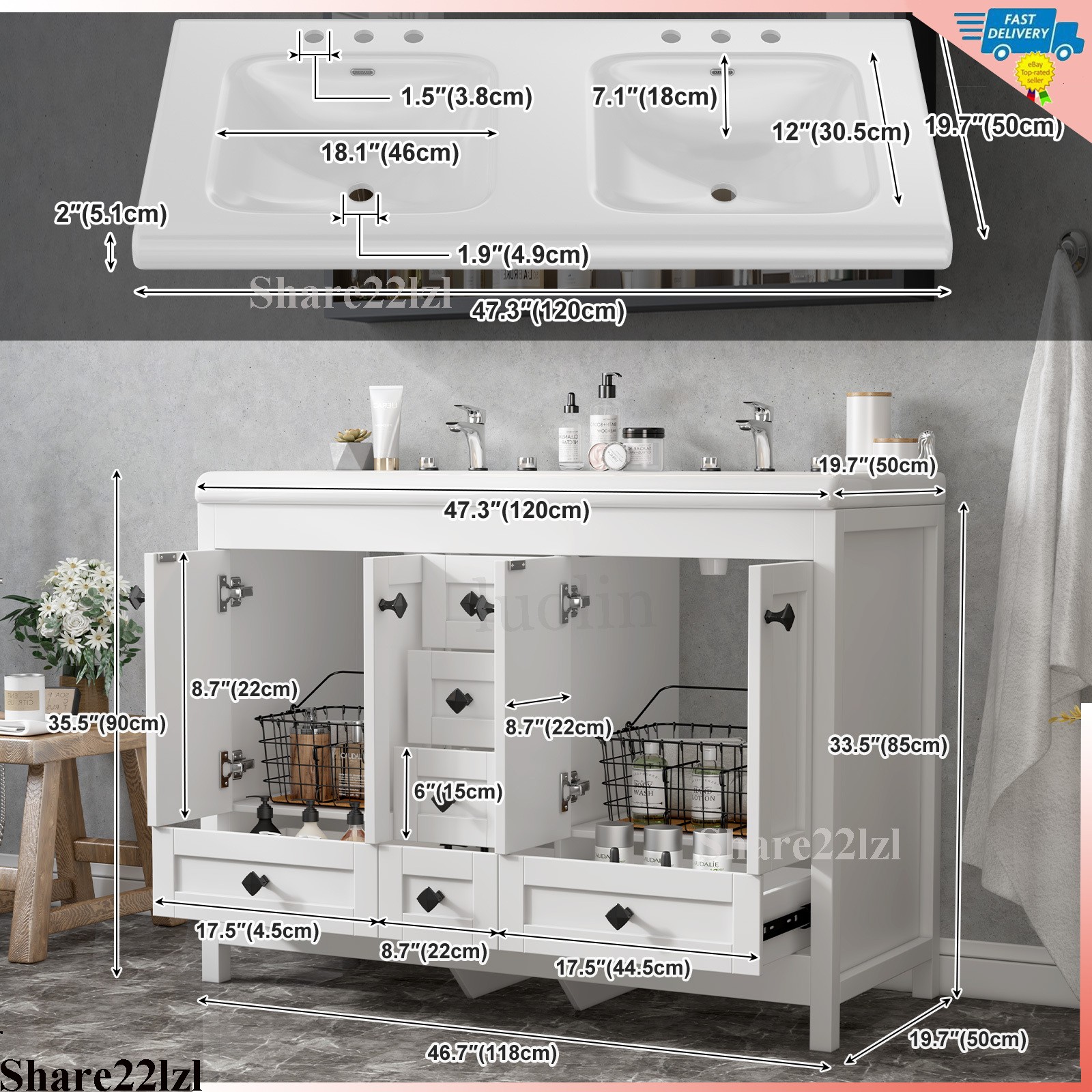 White 47inch Bathroom Vanity Bathroom Storage Cabinet with Double Ceramic Sink