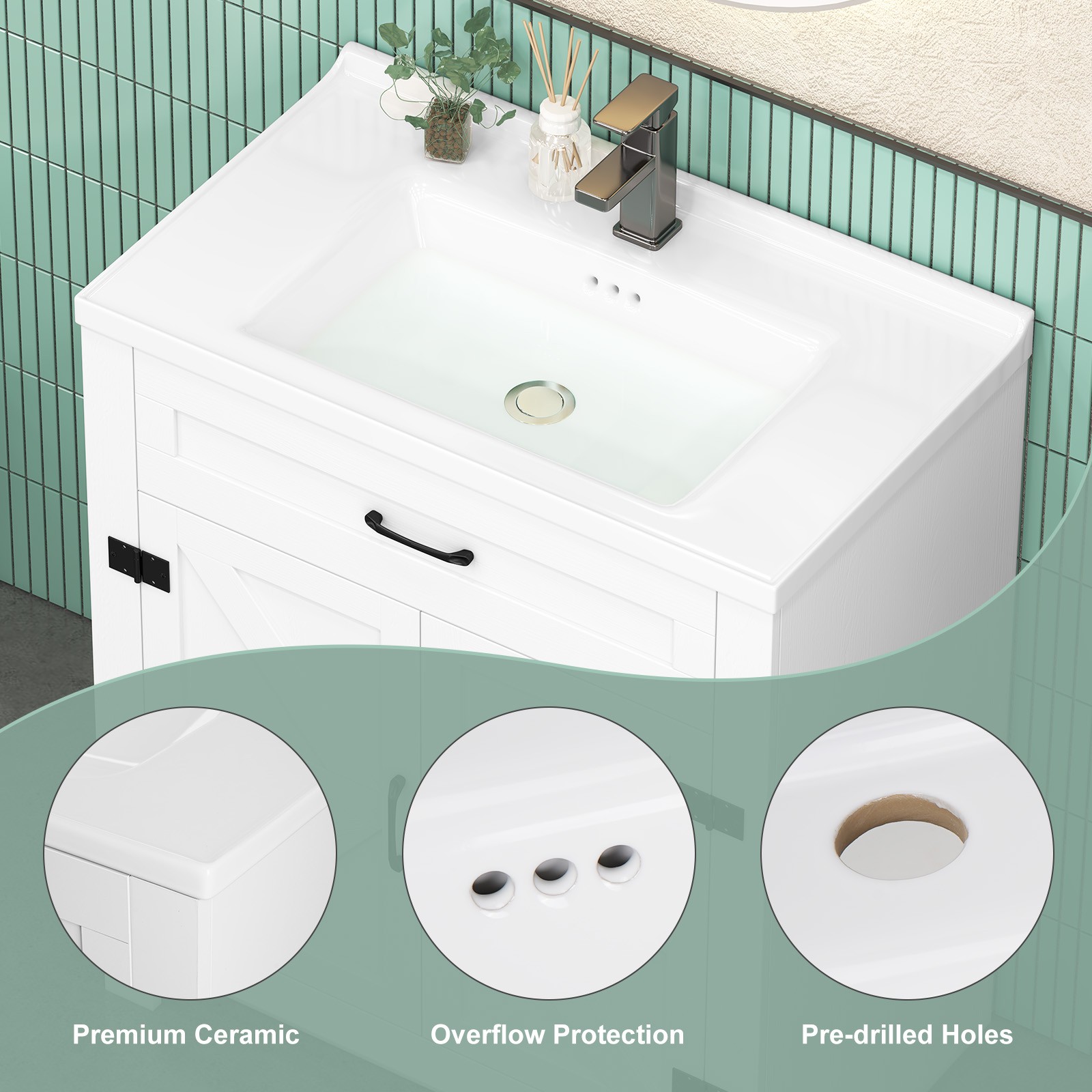 23″ Freestanding Bathroom Vanity Laundry Cabinet w/ Ceramic Sink Combo, White