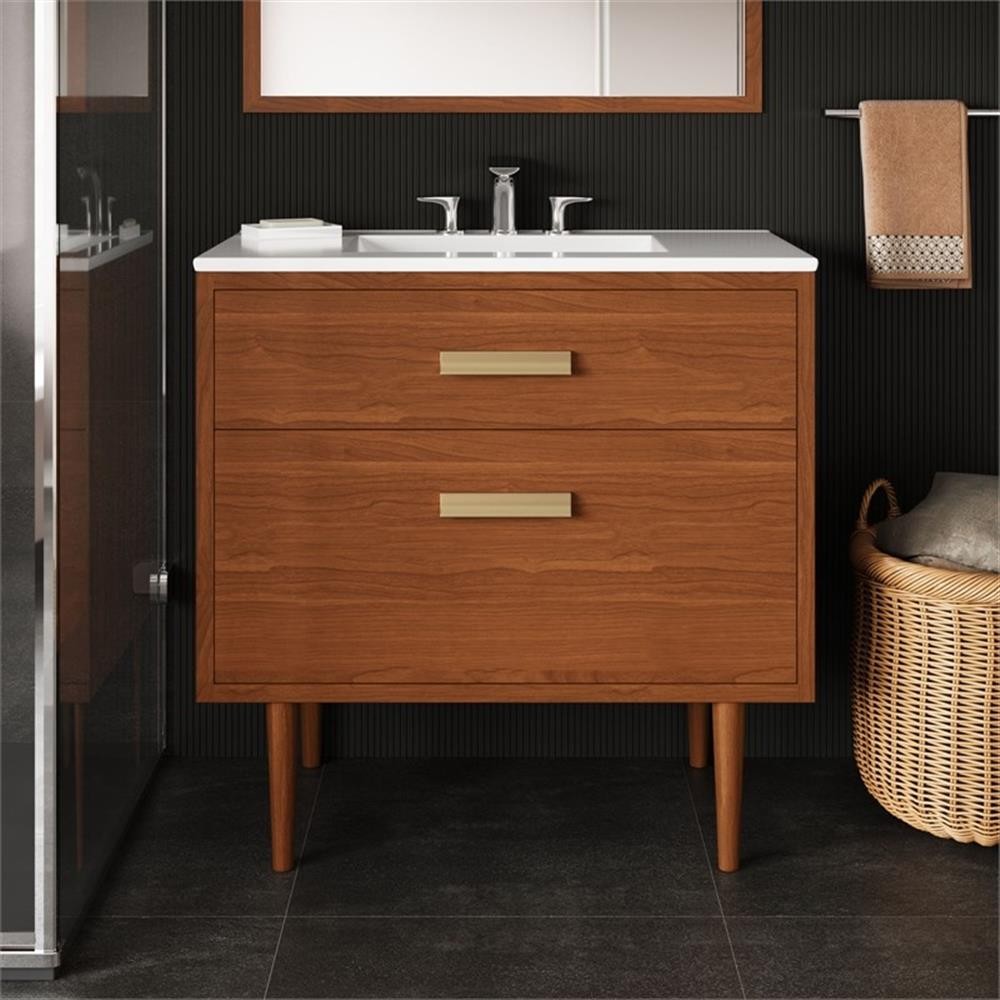 Pemberly Row 36″ Modern Wood & Ceramic Bathroom Vanity in Natural/White