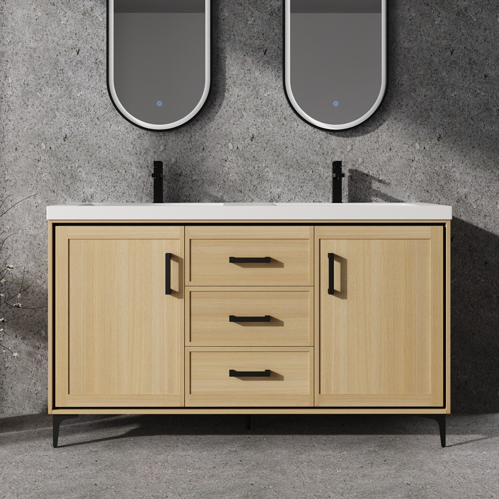 60″ Bathroom Vanity w/ Double Sink, Freestanding Vanity Doors Cabinet, 3 Drawers