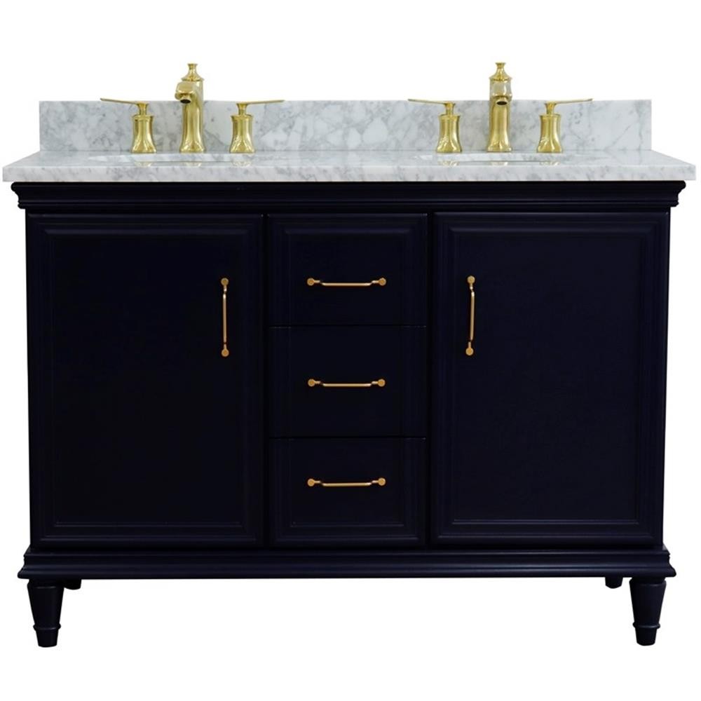 49 in. Double Wooden Vanity Blue with White Carrara Oval Sink