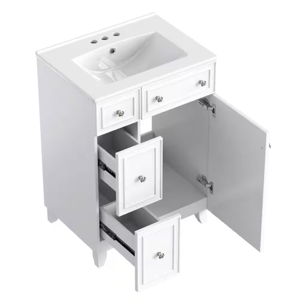 24 In. W Single Sink Freestanding Bath Vanity in White with White Ceramic Top an
