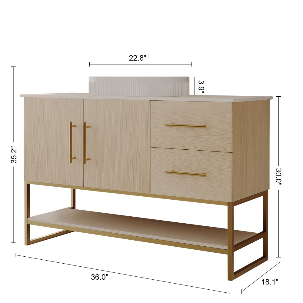 36″ Modern Bathroom Vanity Ceramic Vessel Sink Gold Accent Free Standing Cabinet
