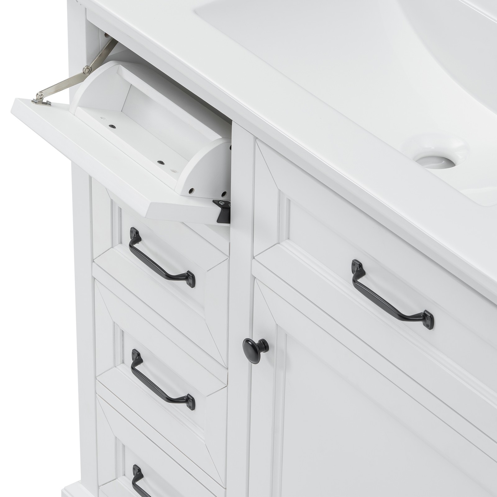 36″ Bathroom Vanity with Ceramic Sink Top, 4 Drawers & 1 Soft-Close Door