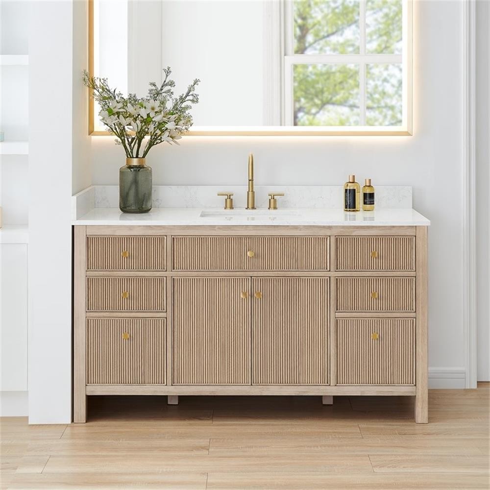 Pemberly Row 60″ Single Wood Vanity in Nature Oak Engineered Stone Top no Mirror
