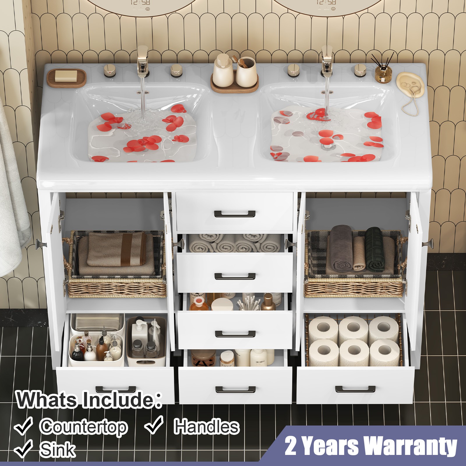 47.3″ Bathroom Vanity Freestanding Double-Basin Ceramic Sink Cabinet Wash Basin
