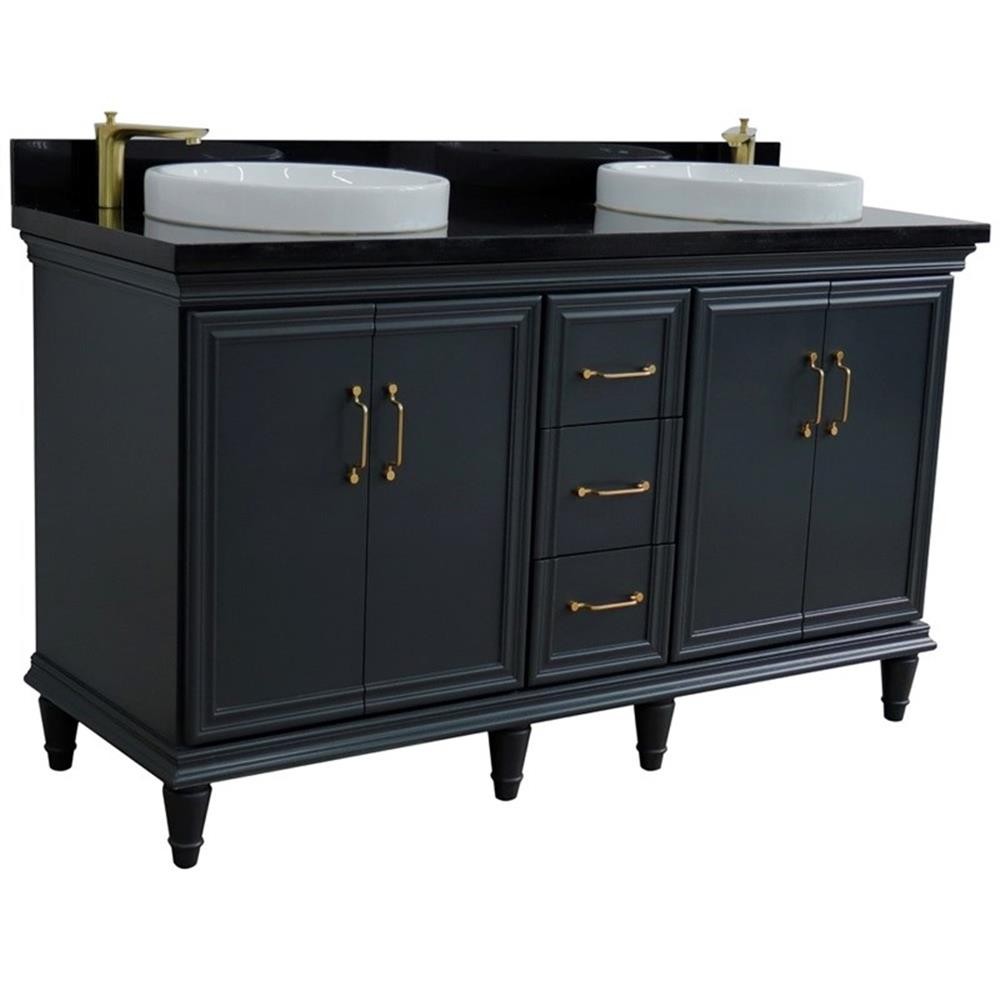 61 in. Double Wooden Vanity Dark Gray Black Galaxy Granite Round Sink