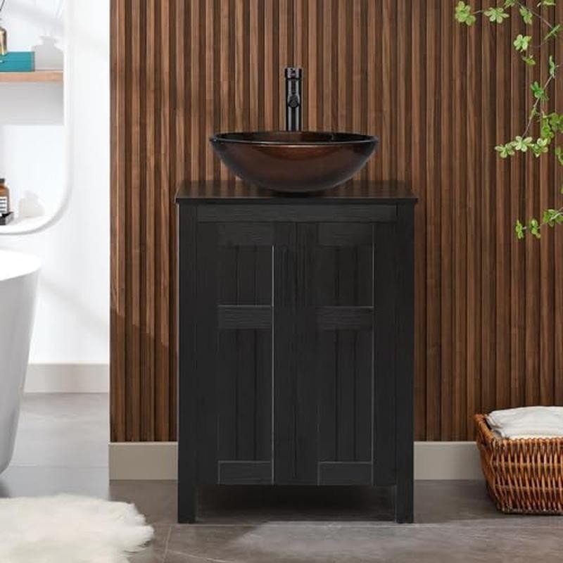 24 In Bathroom Vanity Vessel Sink Modern Cabinet Grooved Doors Metal Handles New