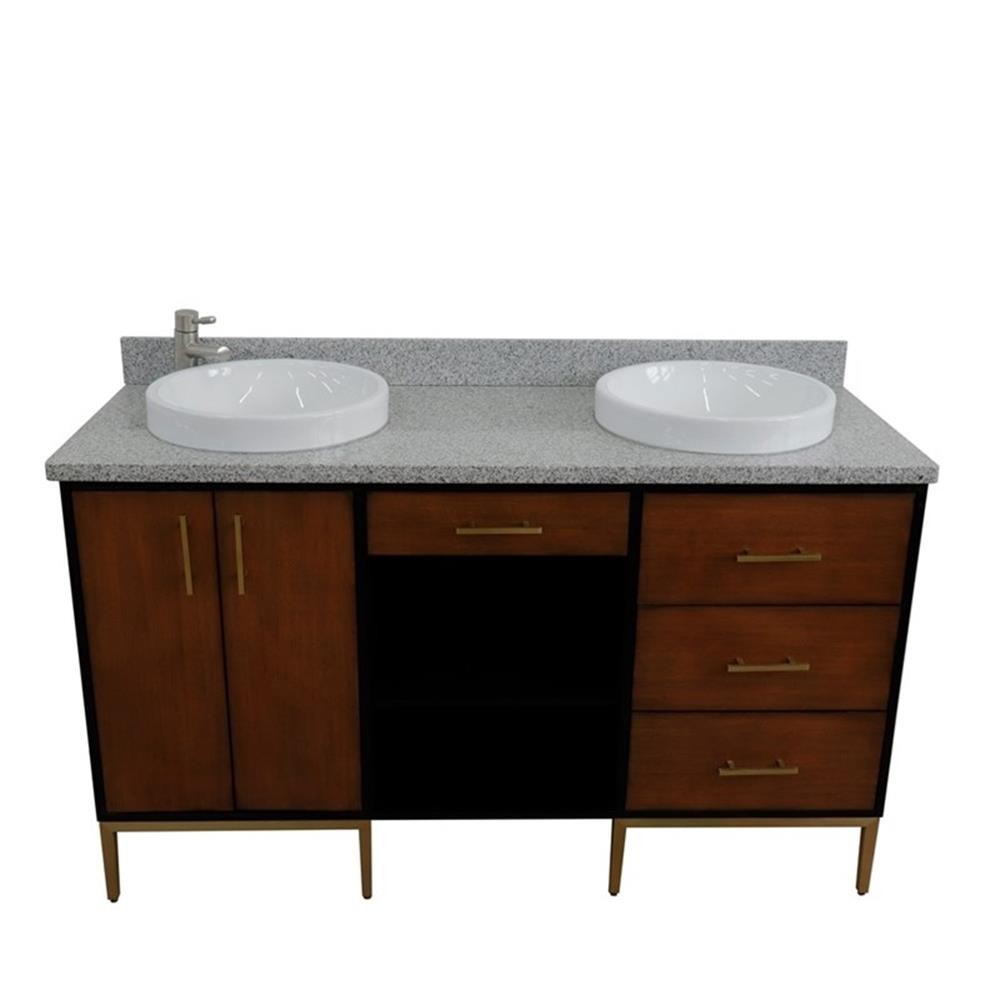 61 in. Double Wooden Vanity Walnut Black Gray Granite Round Sink