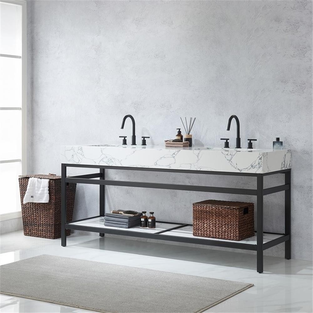 Ecija 72″ Double Matte Black Metal Bath Vanity with Pandora White Composite Top